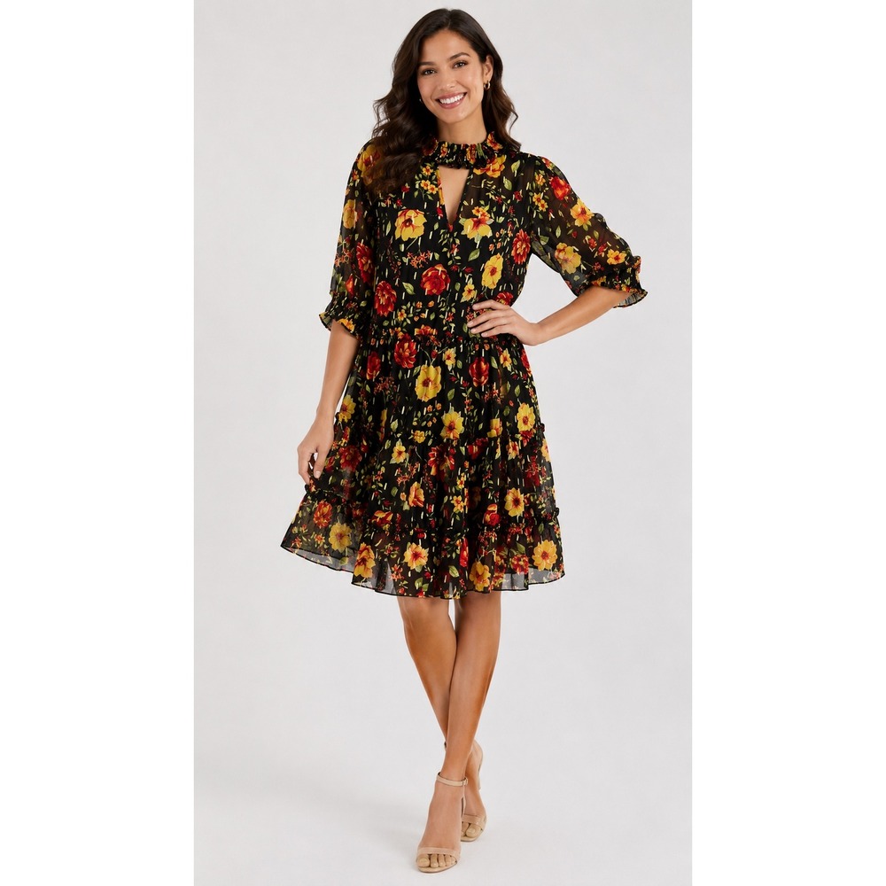 Love X Design Dress Womens 2X‎ Floral Gold Foil Tiered Chiffon Black Multi NWT